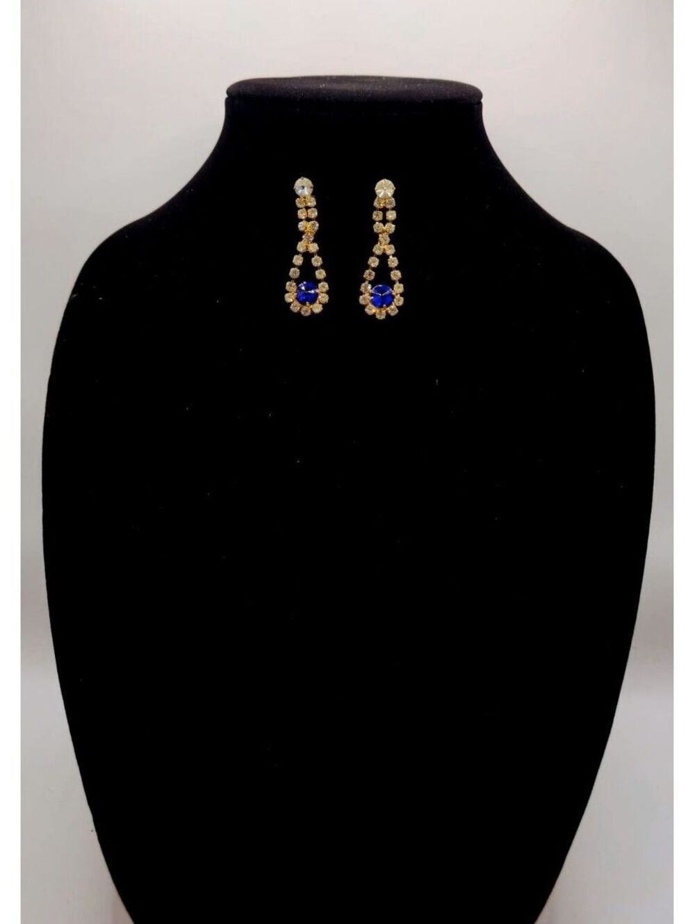 Vtg Gold Tone Blue Rhinestone Chandelier Earrings